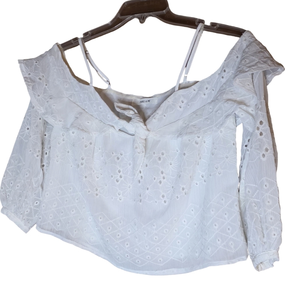 Paris & Me White Eyelet Lace Crop Top Size S Off Shoulder Boho Blouse